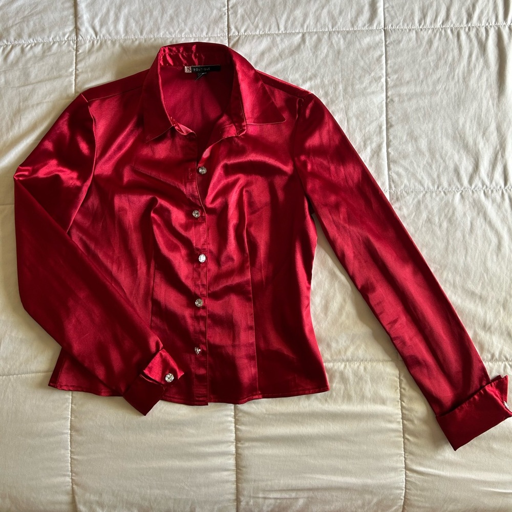 Women’s Red Satin JS Boutique Button Down Blouse